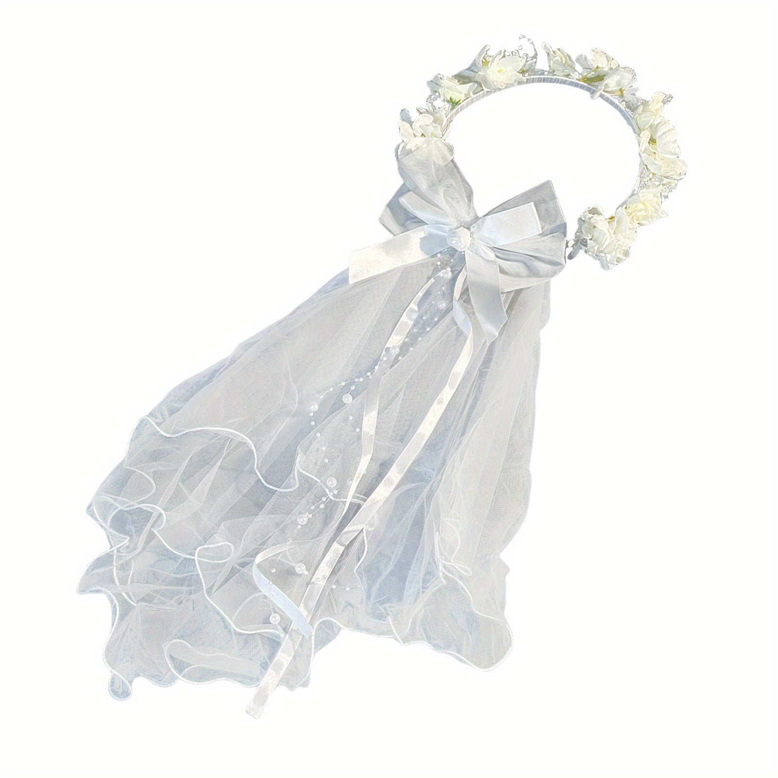 Bridal Veil with Floral Headband Sheer Lace Layer Flowers Bow Accent