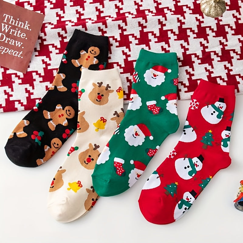 4 Pairs Cartoon Print Socks Comfy & Christmas Mid Tube Socks Women's Stockings