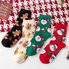 4 Pairs Cartoon Print Socks Comfy & Christmas Mid Tube Socks Women's Stockings