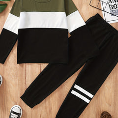 Boy's Block Stitching 2pcs Long Sleeve Top & Sweatpants Set