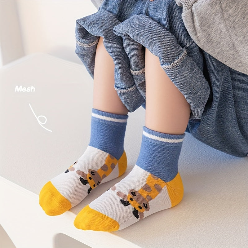 5 Pairs Boys Cartoon Giraffe Print Knit Socks Thin Breathable Crew Socks