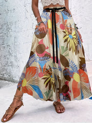 Floral Print Drawstring Skirt High Waist Pleated Casual Style