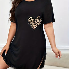 Leopard Heart Print Nightdress with Lace Trim