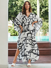Graffiti Print Batwing Sleeve Maxi Beach Kaftan Dress