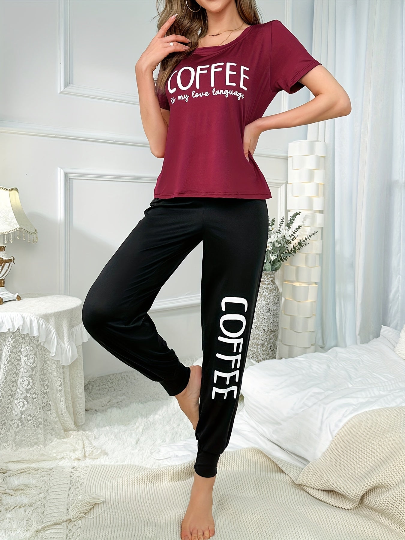Coffee Letter Lounge Set Short Sleeve Top & Long Pants Women's Sleepwear
