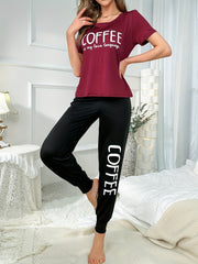 Coffee Letter Lounge Set Short Sleeve Top & Long Pants Women's Sleepwear