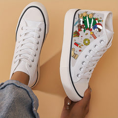 Christmas Print Flat Chunky Canvas Sneakers High Top Classic Skate Shoes
