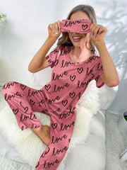 Heart Print Pajamas Set Short Sleeve Top & Lounge Pants
