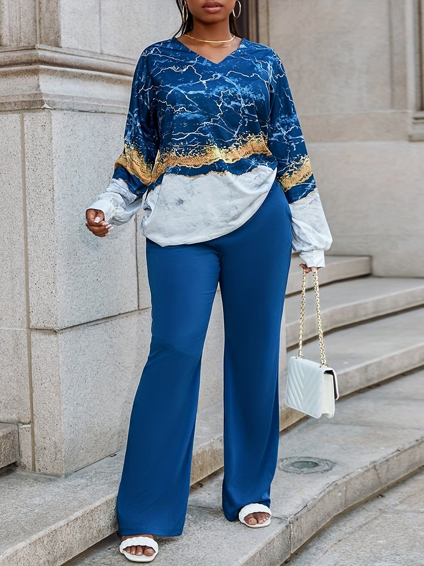 Women's Plus Marble Print Top & Pants Outfits Set