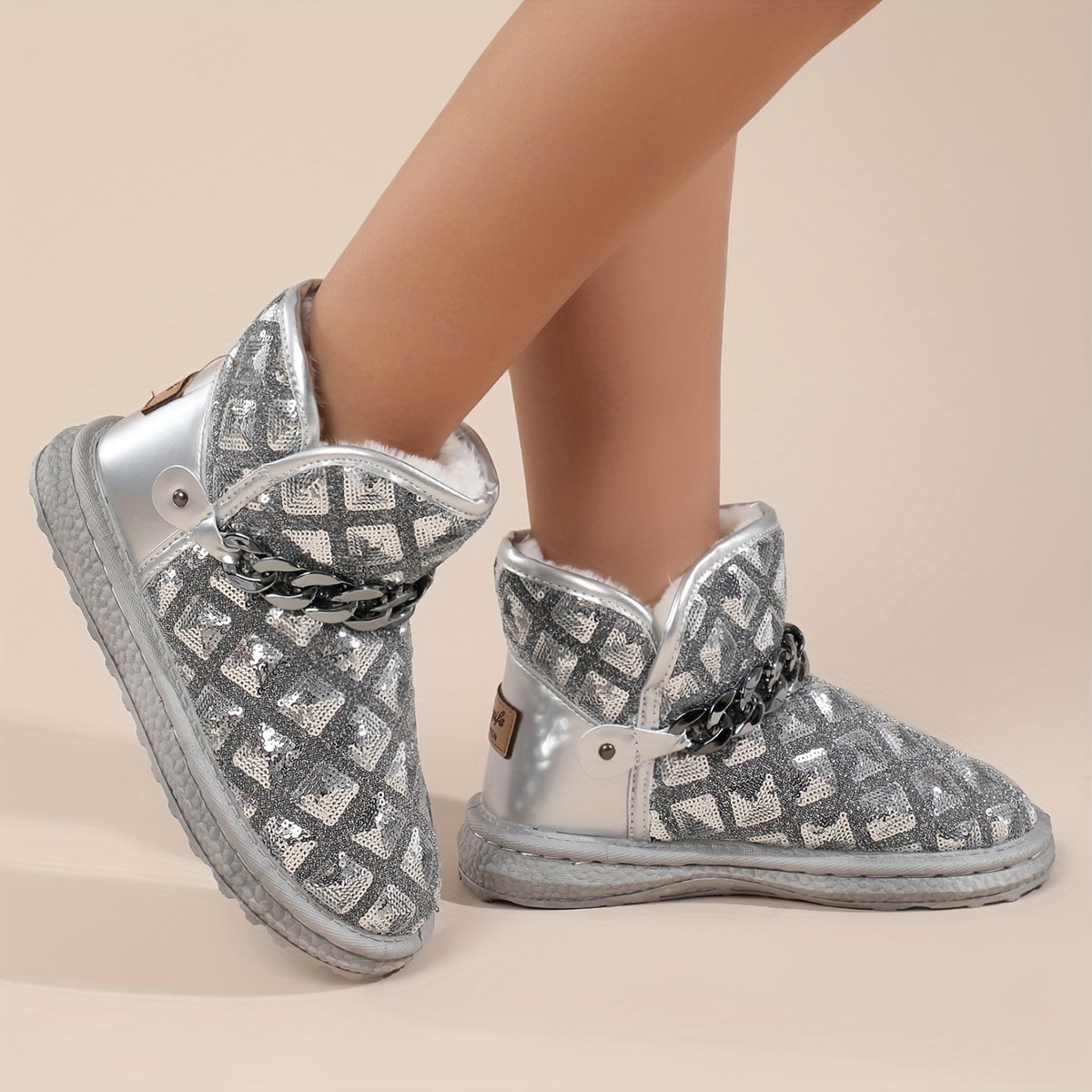 Y2K Snow Boots Sequin Glitter Chain Heighten Non Slip