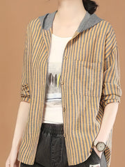Striped Button Front Hooded Jacket Spring & Fall Women's Clothing
