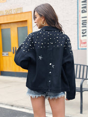 Faux Pearl Beaded Star Pattern Button Detail Denim Coat