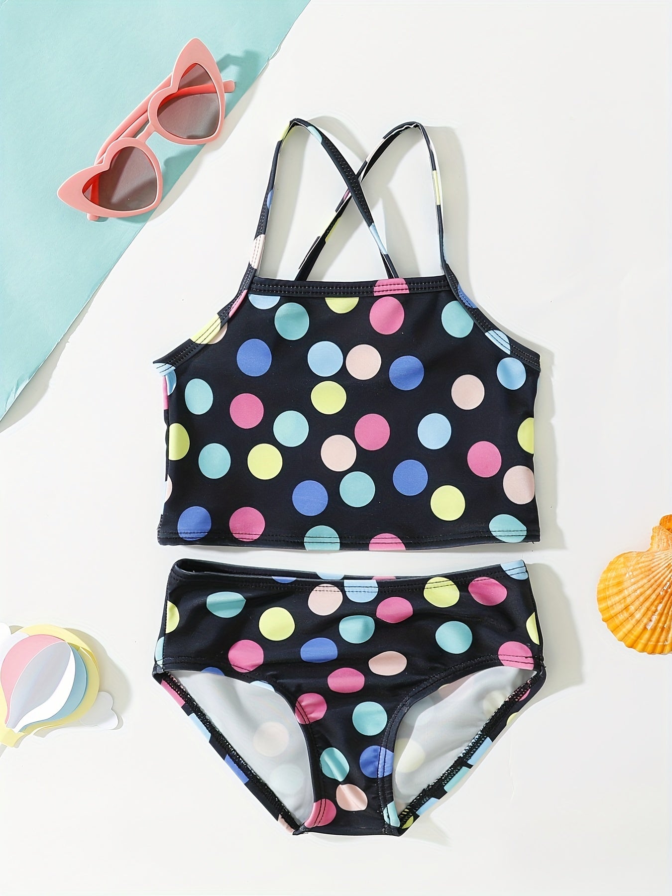Baby Girls Polka Dot Circle Print Split Swimsuit Set for Summer Vacation
