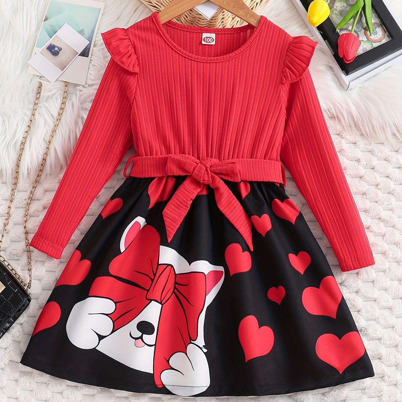 Smart Girls Kitty Bows Long Sleeve Midi Dress With Belt