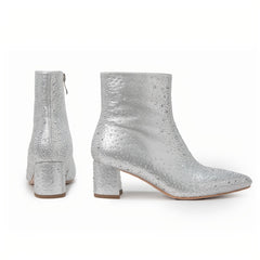 Women's Rhinestone Short Boots Point Toe Chunky Heel Dress Boots