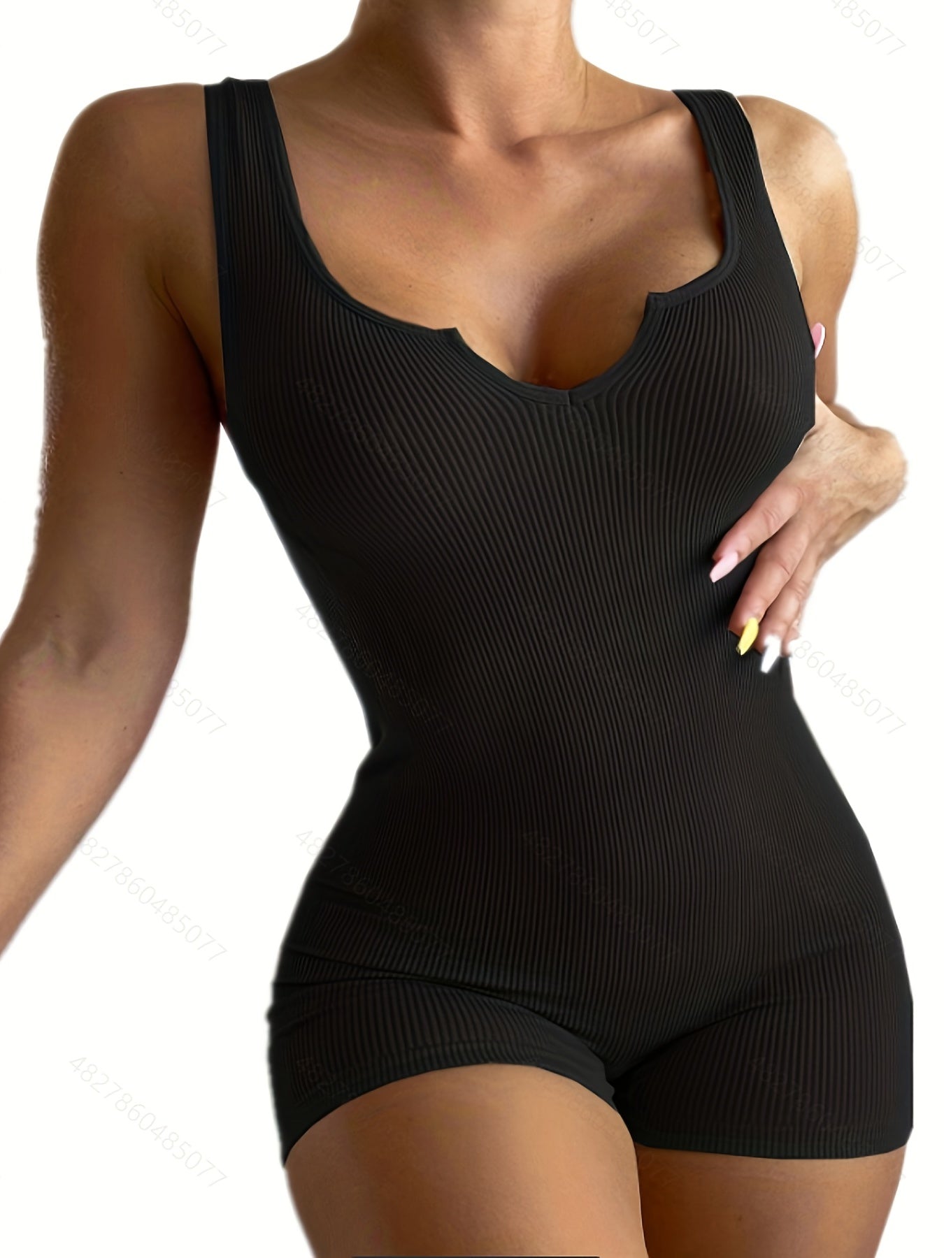 Knitted Unitard Tank Romper Solid V neck Stretchy Romper