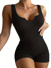Knitted Unitard Tank Romper Solid V neck Stretchy Romper
