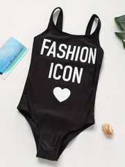 Toddler Girls Letter ICON And Heart Graphic One Piece Swimsuit
