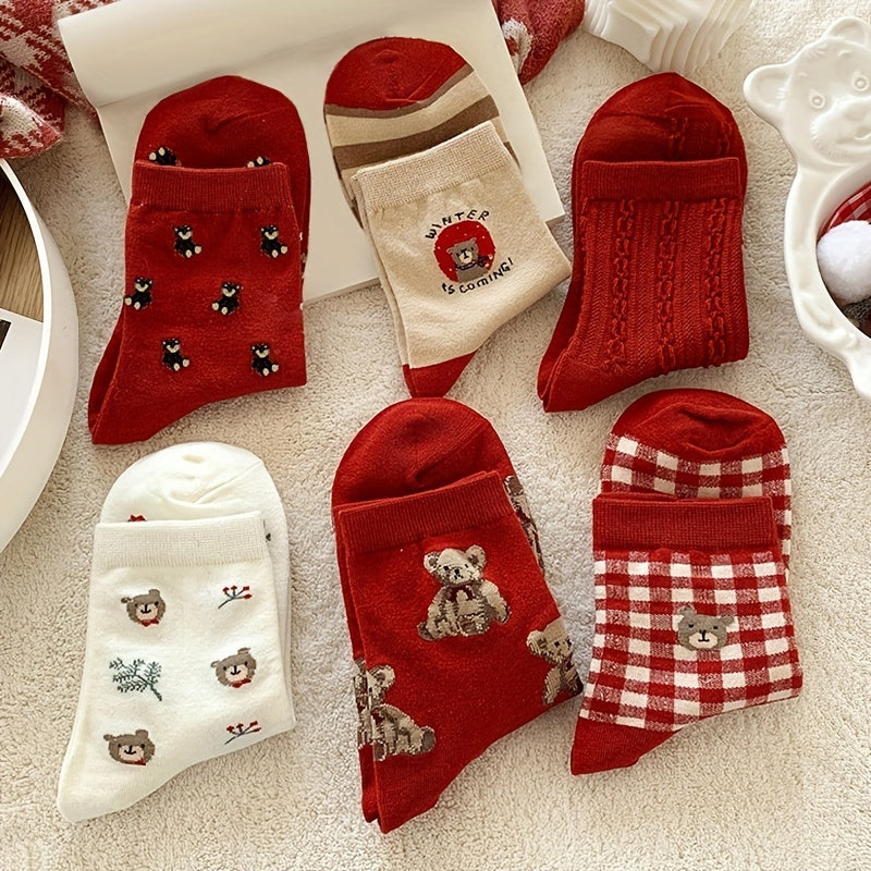 6 Pairs Cartoon Bear Print Socks - Chinese Year Women's Stockings