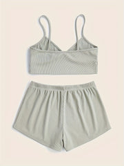 Ribbed Pajama Set V Neck Cami Top & Elastic Waistband Shorts