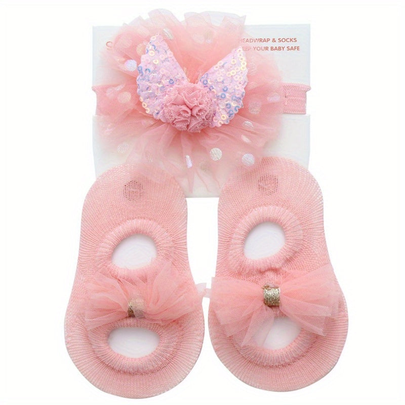 2pcs Baby Girls Mesh Floor Socks & Headband Set Non Slip Breathable Comfortable
