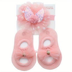 2pcs Baby Girls Mesh Floor Socks & Headband Set Non Slip Breathable Comfortable