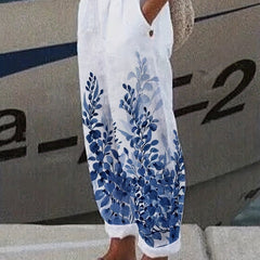Leaf Print Elastic Waist Straight Leg Pants