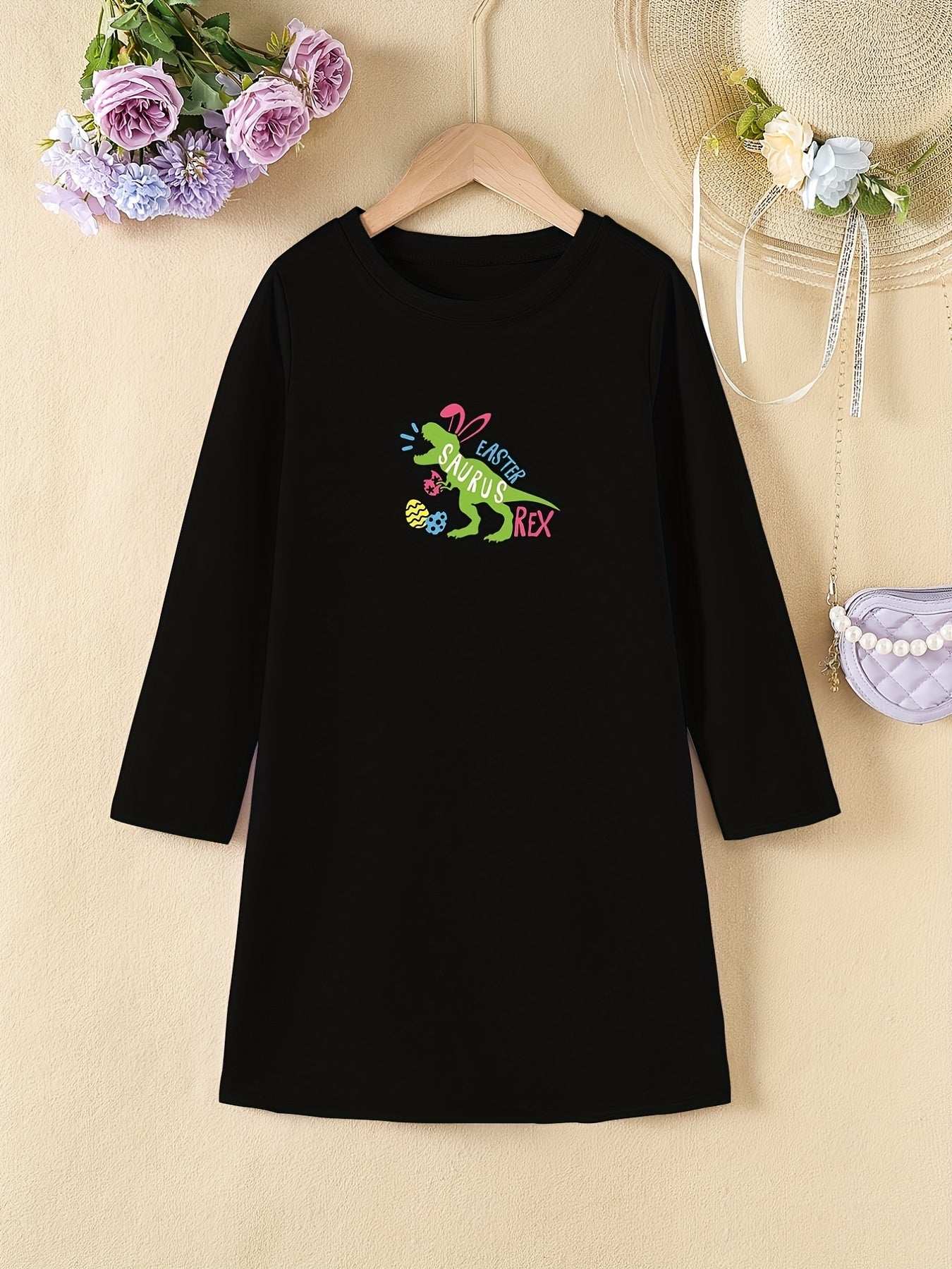 Easter Dinosaur Short Sleeve Casual T Shirt Dress for Toddler Girls