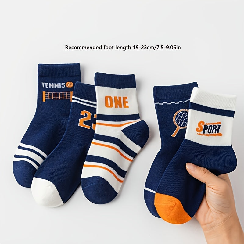5 Pairs Boy's Letter Pattern Crew Socks Breathable Casual Style Unisex Socks