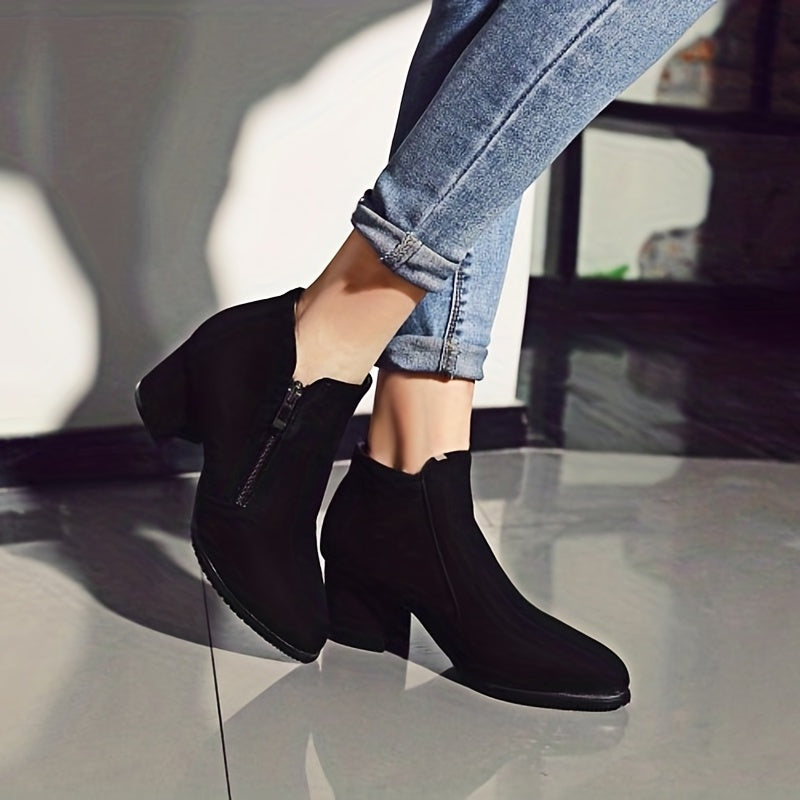 Women's Chunky Heeled Ankle Boots Round Toe Side Zipper Mid Heel Shoes