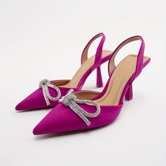 Rhinestone Bowknot Stiletto Heels Point Toe Pumps Slingback Stylish Heels