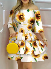 Floral Print Off Shoulder Dress Vacation Layered Dress