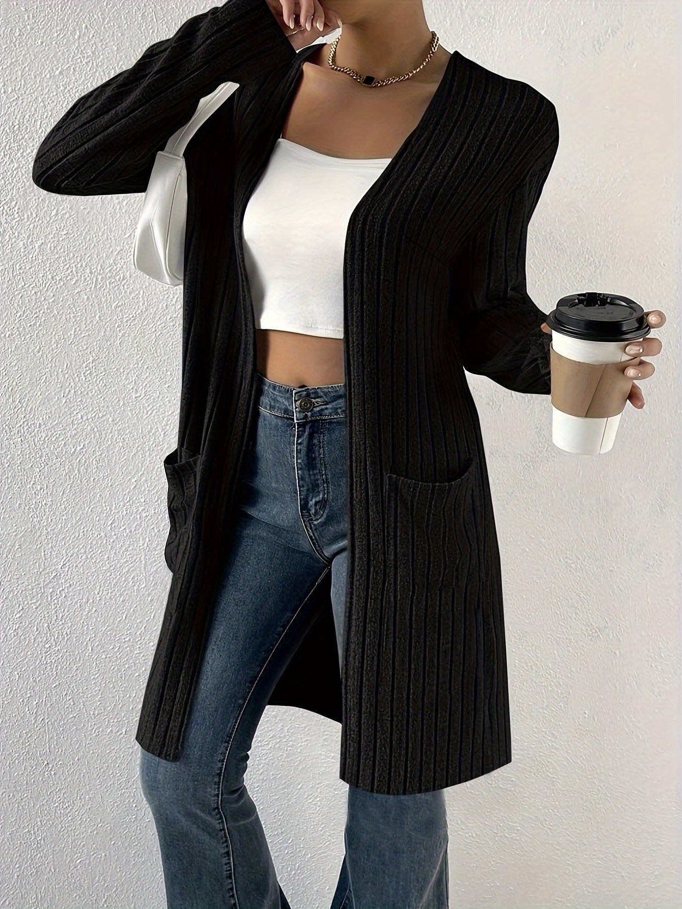 Open Front Ribbed Knit Cardigan