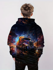 3D Truck Print Hoodie For Kids Casual Pullover Hooded Long Sleeve Top