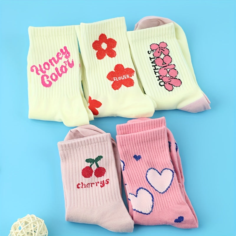 5 Pairs Letter & Heart Print Mid Tube Socks Women's Stockings & Hosiery