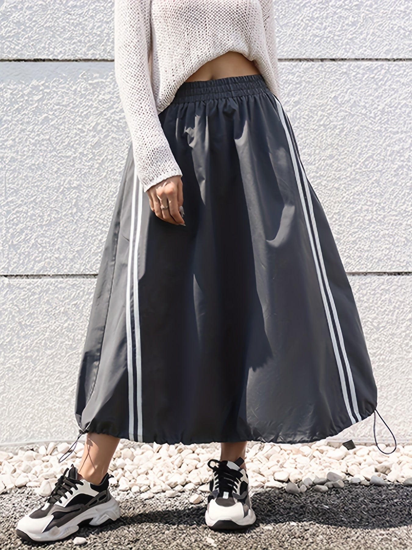Striped Print Drawstring Skirts Casual Elastic Waist Maxi Skirts