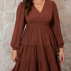 Solid Tie Long Sleeve Ruffle Trim Smock Dress