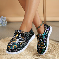Leopard Print & Sunflower Patchwork Boat Shoes Lace Up Flat Casual Sneakers