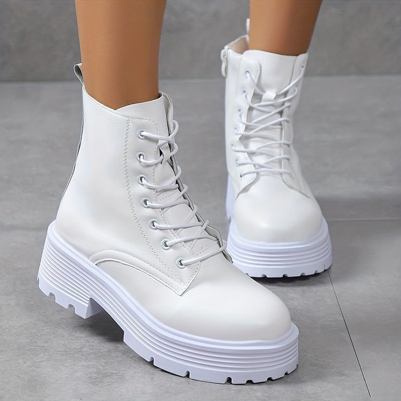 Platform Combat Boots Lace Up Zipper Ankle Faux Leather Short Boots