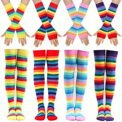 Striped Rainbow Knit Stockings & Gloves Set