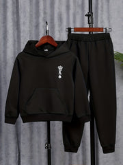 Poker K Pattern Boy's 2pcs Hoodie & Solid Sweatpants Set
