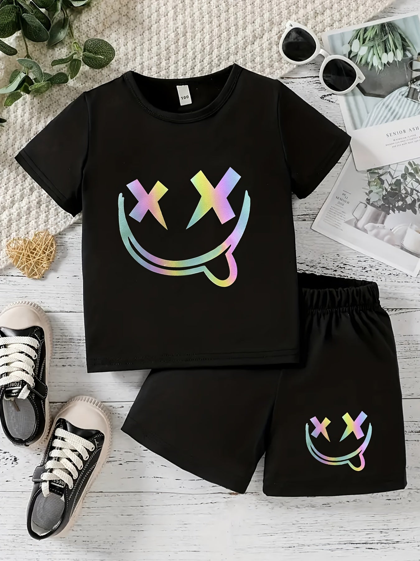 Boys Fun Smile Graphic Print Short Sleeve T-shirt & Shorts Set
