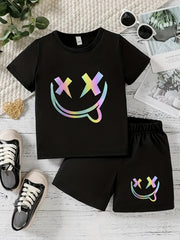 Boys Fun Smile Graphic Print Short Sleeve T-shirt & Shorts Set