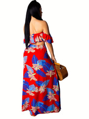 Tropical Print Crop Top & Side Slit Maxi Skirt Set