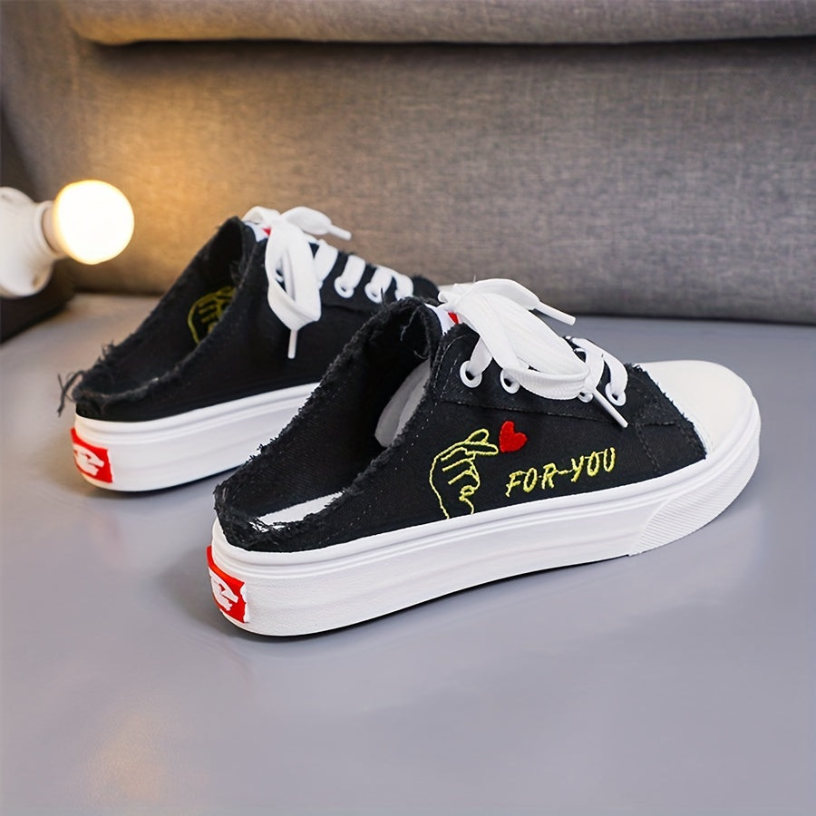 Women's Cartoon Canvas Shoes Casual Lace Up Mule Sneakers