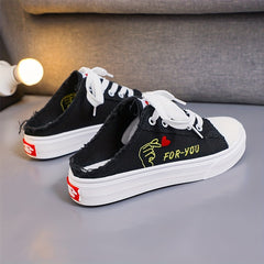 Women's Cartoon Canvas Shoes Casual Lace Up Mule Sneakers
