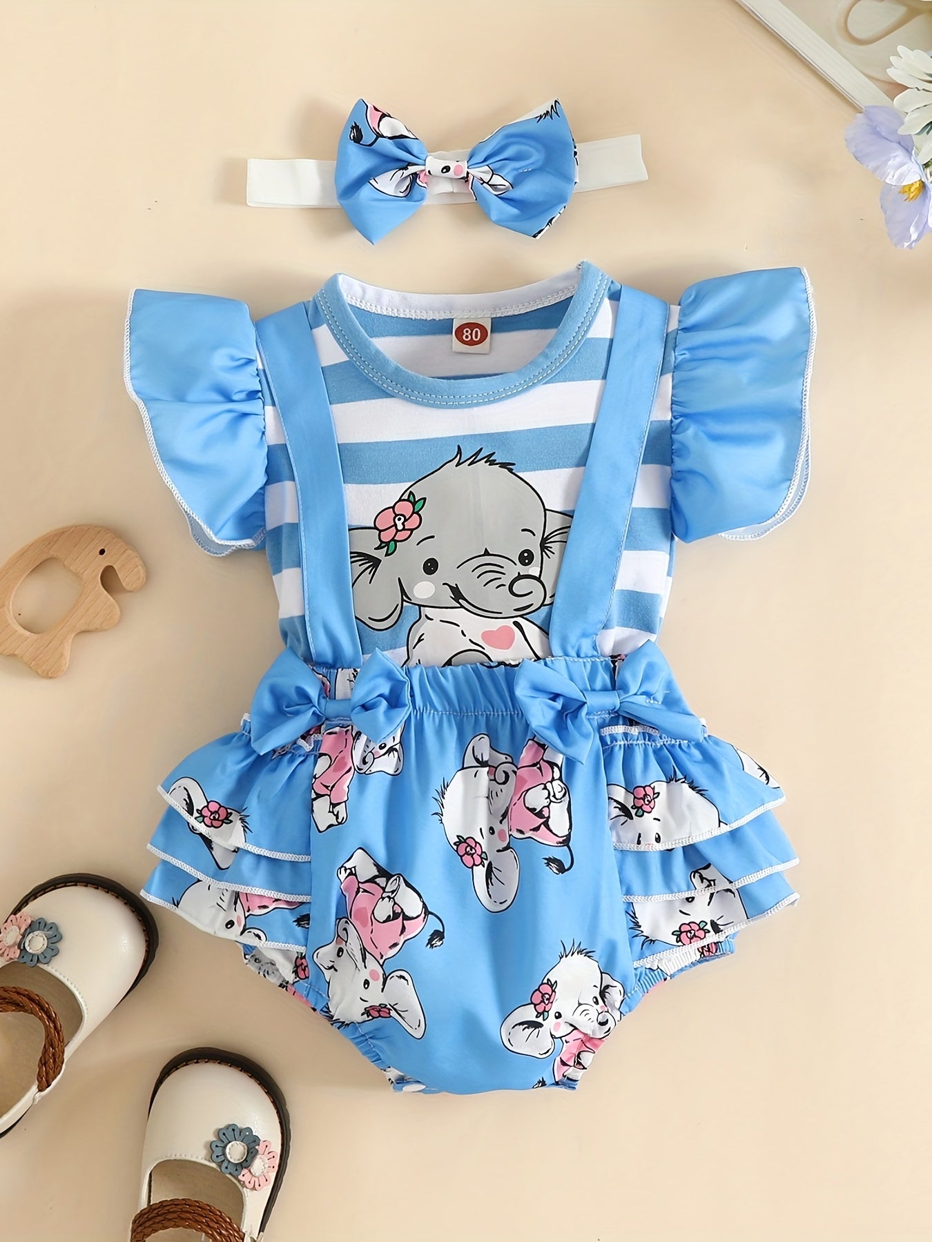 2pcs Baby Girls Lace Sleeves Elephant Top And Skirt Suit