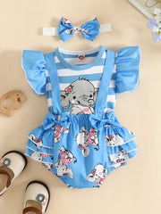 2pcs Baby Girls Lace Sleeves Elephant Top And Skirt Suit