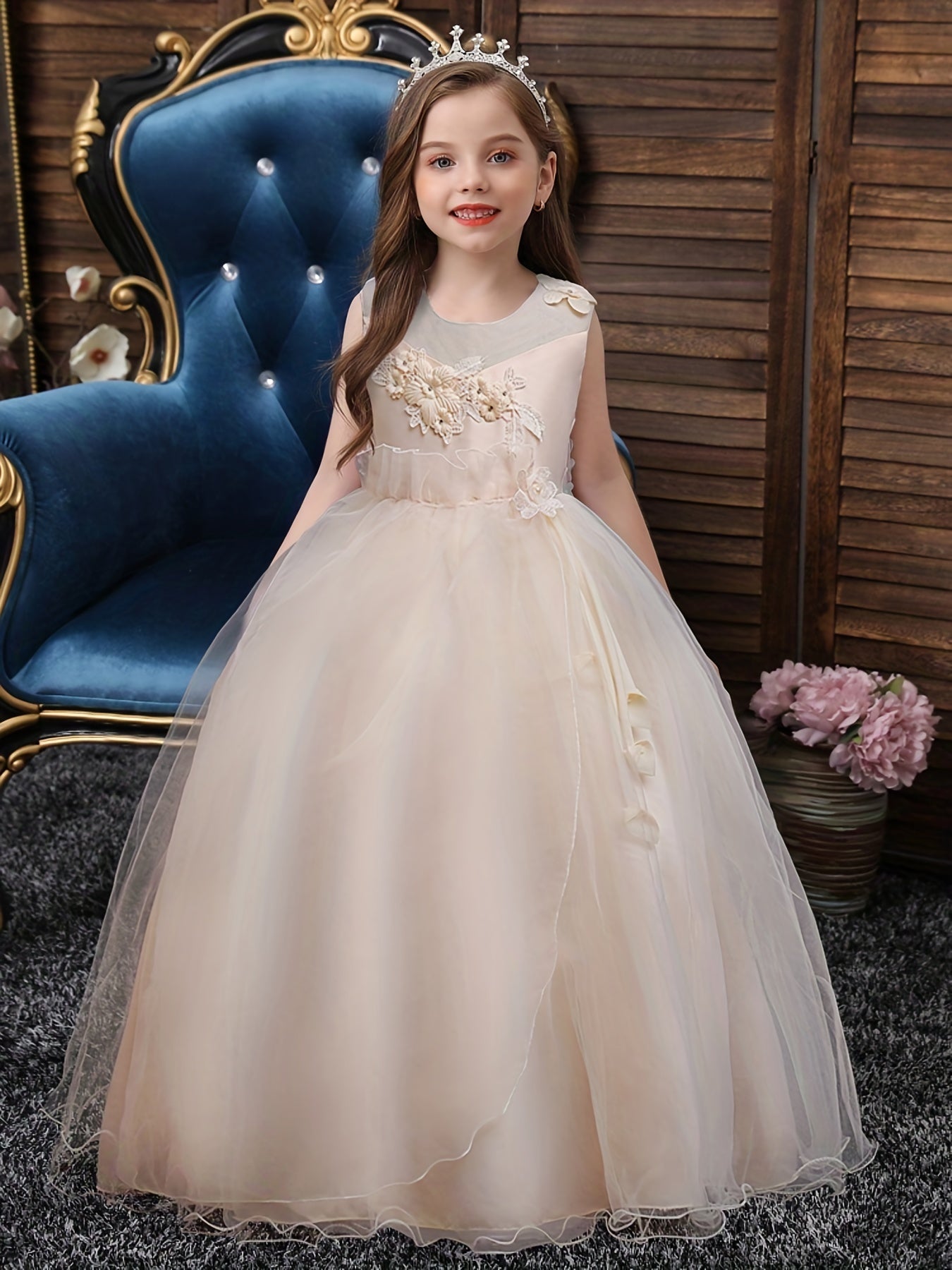 Girls Princess Dress Sleeveless Flower Embroidery Mesh Tutu Dress