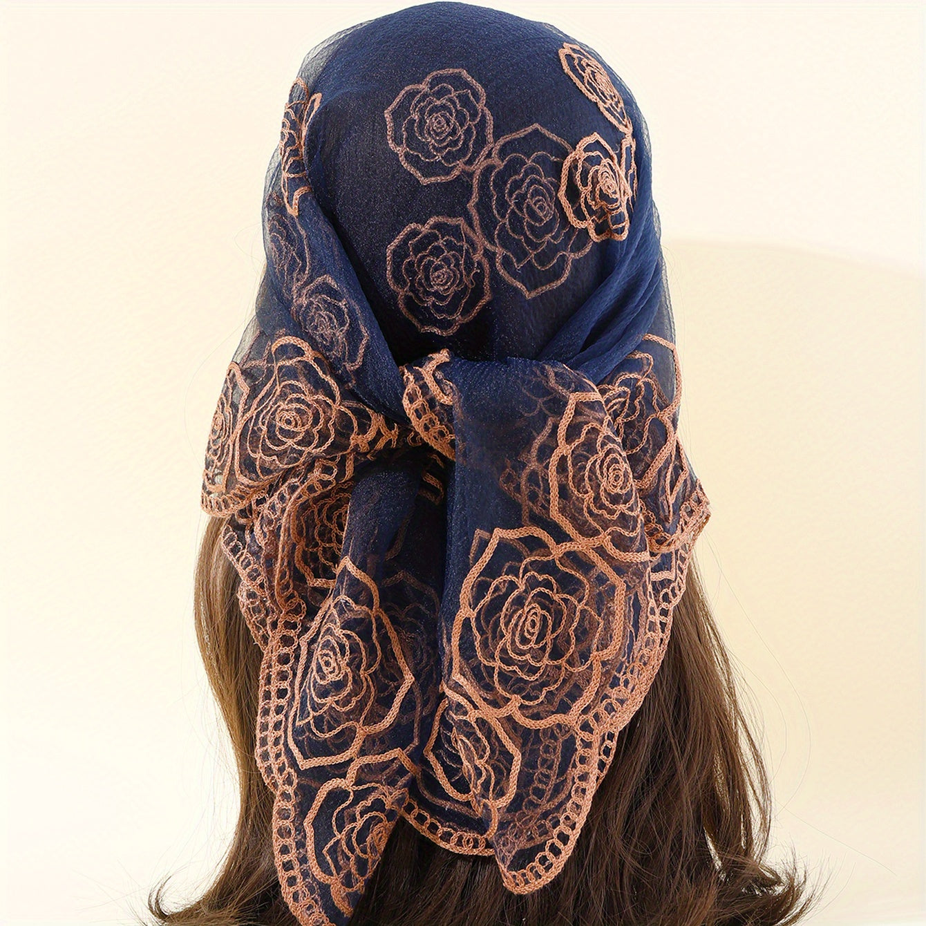 Boho Rose Flower Bandana Sheer Mesh Neckerchief Embroidered Head Wrap
